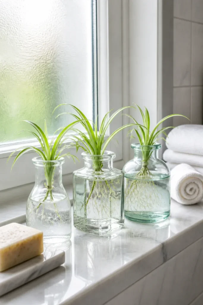 Small Spider Plant plantlets growing in glass jars on a bright white windowsill.