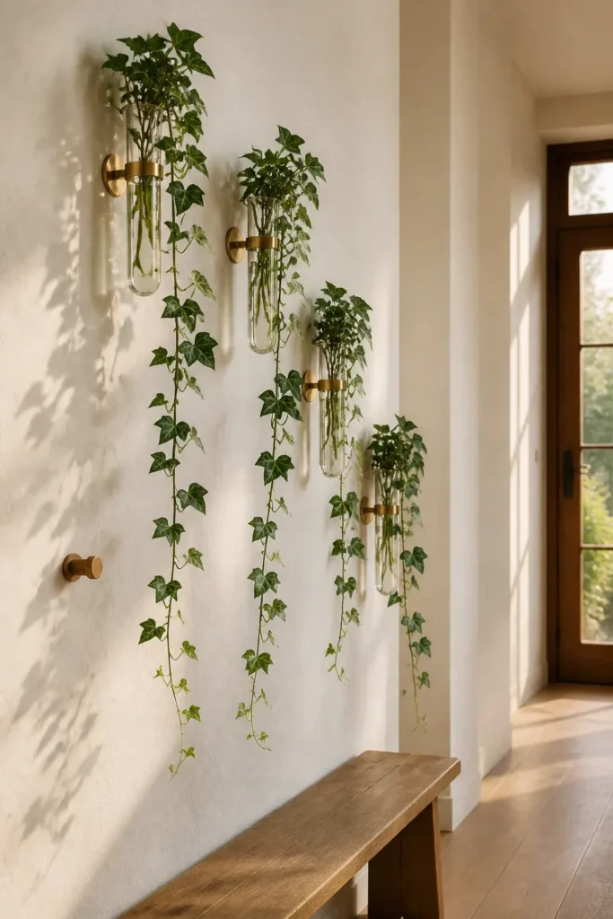 English Ivy vines trailing from glass tubes mounted on a white wall with brass brackets.