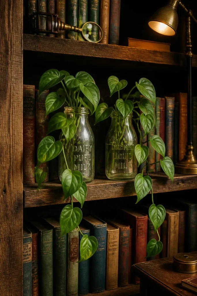 Heartleaf Philodendron vines growing in vintage glass milk bottles on a wooden bookshelf.