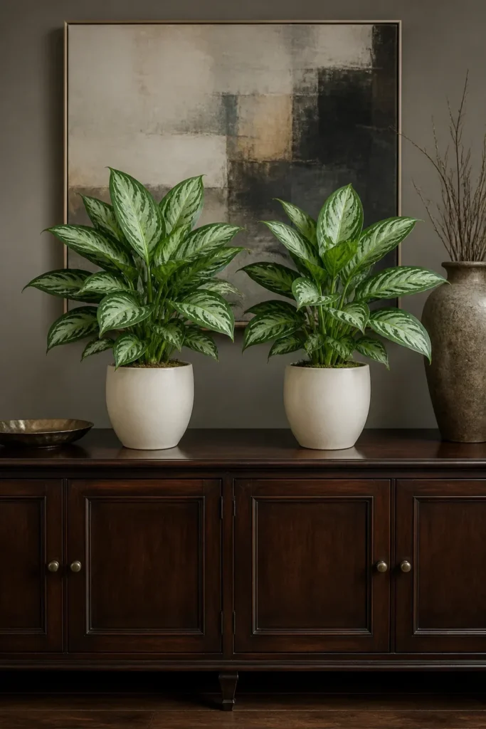 Chinese Evergreen plants with patterned leaves growing in cream ceramic crocks on a dark wood table.