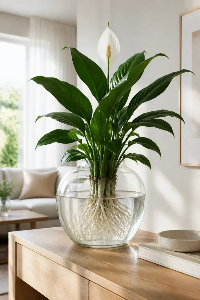 A Peace Lily with white flowers growing in a glass vase of water on a wooden table.