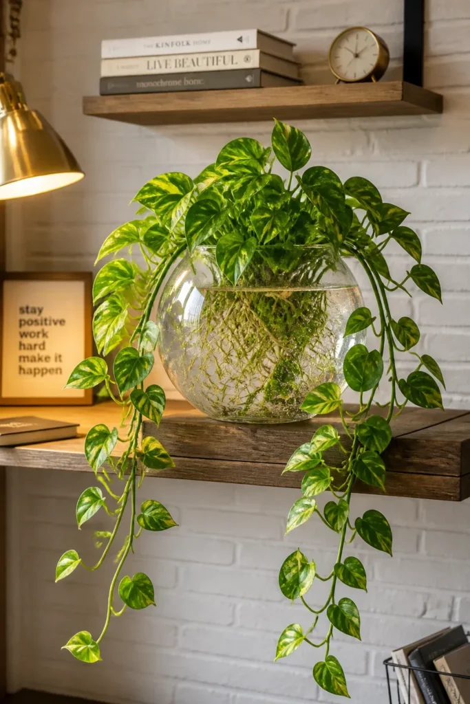 A Money Plant with long vines growing in a clear glass fishbowl on a wooden shelf.