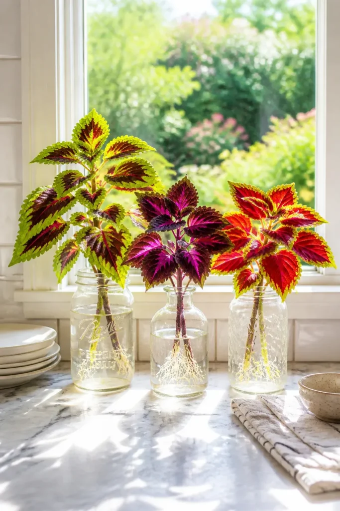 Colorful Coleus plant cuttings rooting in glass jars on a bright kitchen windowsill.