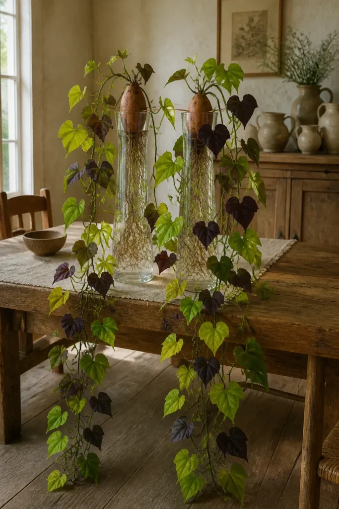 Lime green and purple sweet potato vines trailing from glass pitchers on a wooden table.