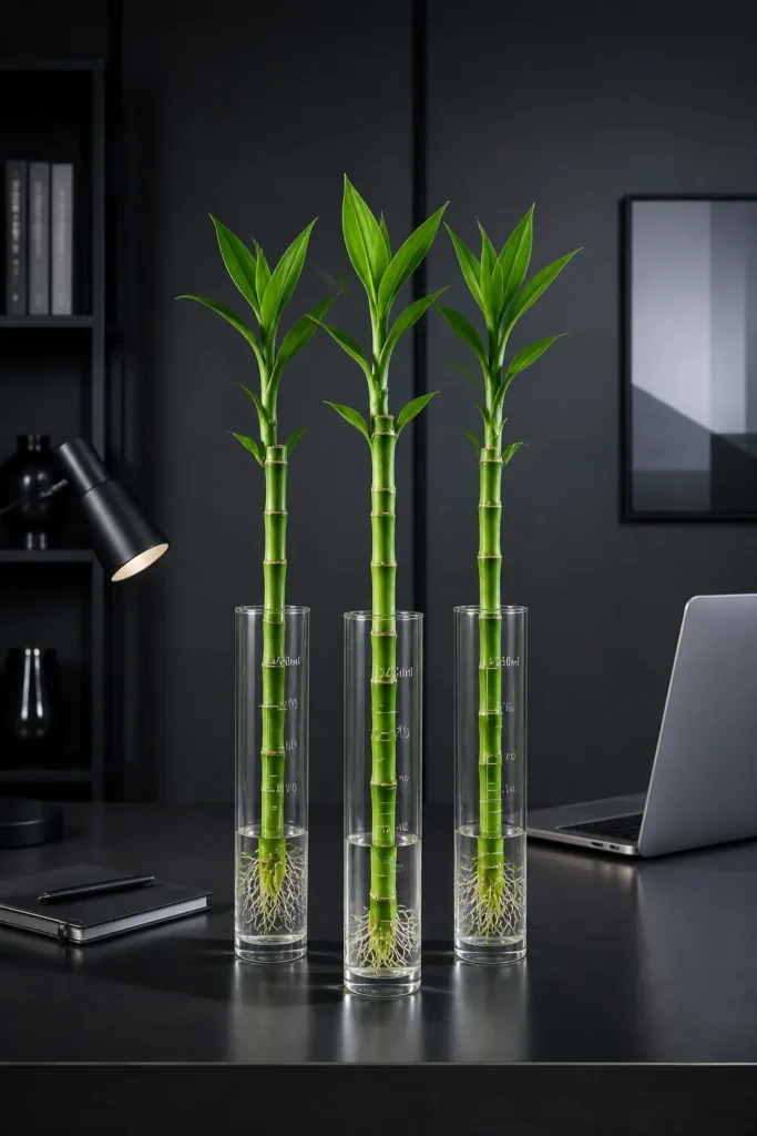 Lucky Bamboo stalks in glass laboratory beakers on a modern black desk.