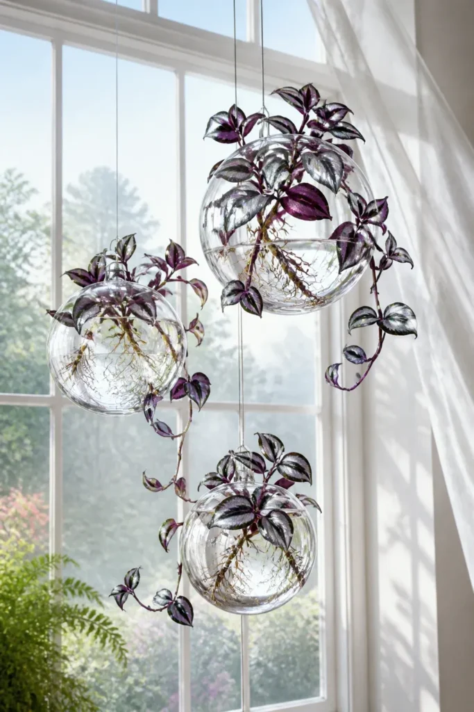 Purple and silver striped plants growing in hanging glass globes in front of a window.