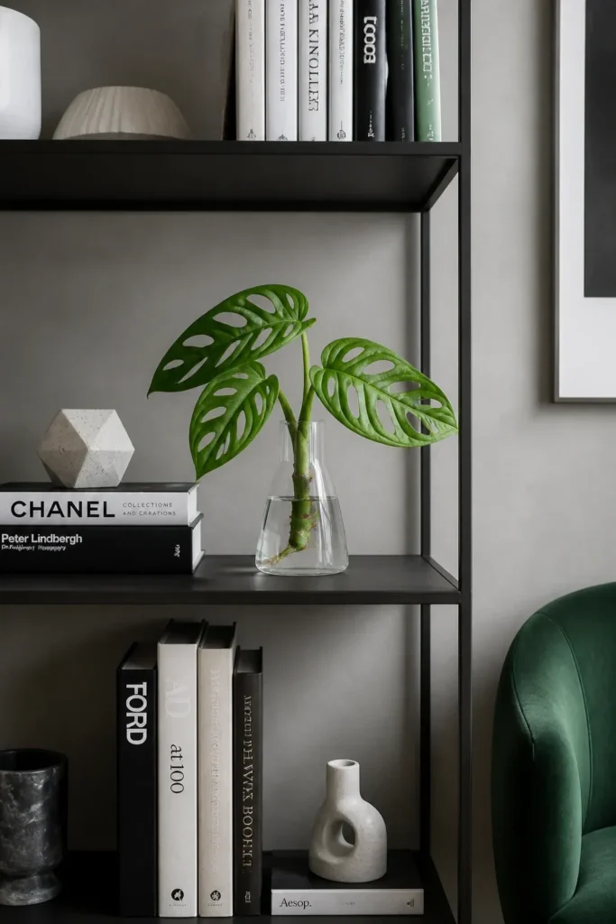 A Swiss Cheese Plant cutting with unique leaf holes growing in a glass vase on a shelf.
