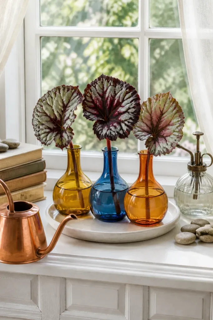 Rex Begonia leaves with silver patterns rooting in amber and blue glass vases on a windowsill.