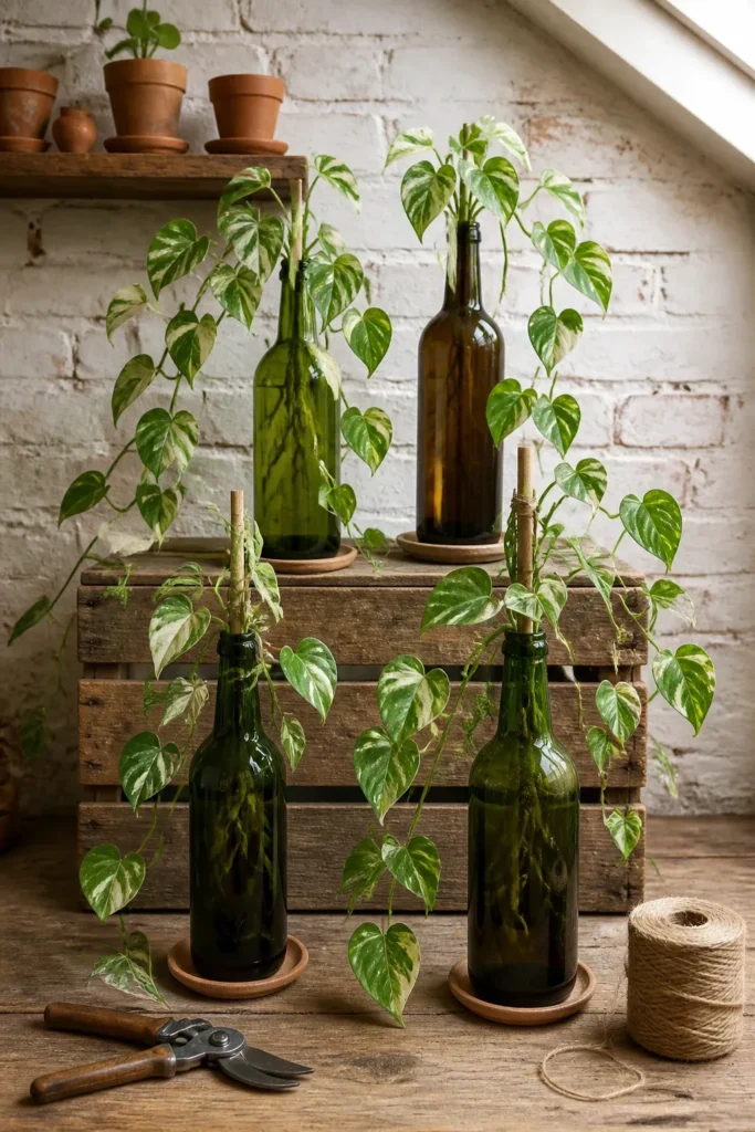 Arrowhead vines with variegated leaves trailing from dark green and brown recycled wine bottles.