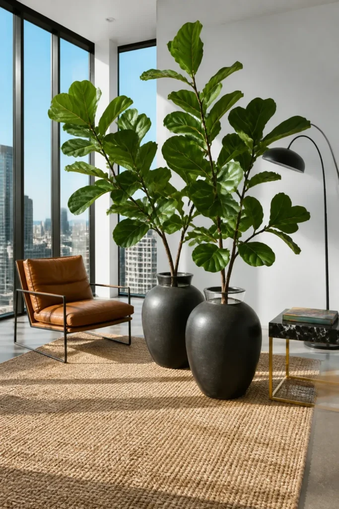 Large Fiddle Leaf Fig branches in heavy charcoal ceramic floor vases in a modern sunlit room.