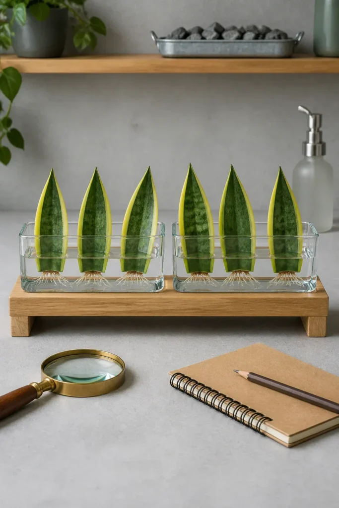 Snake plant leaf sections standing upright in shallow glass troughs with small roots forming.