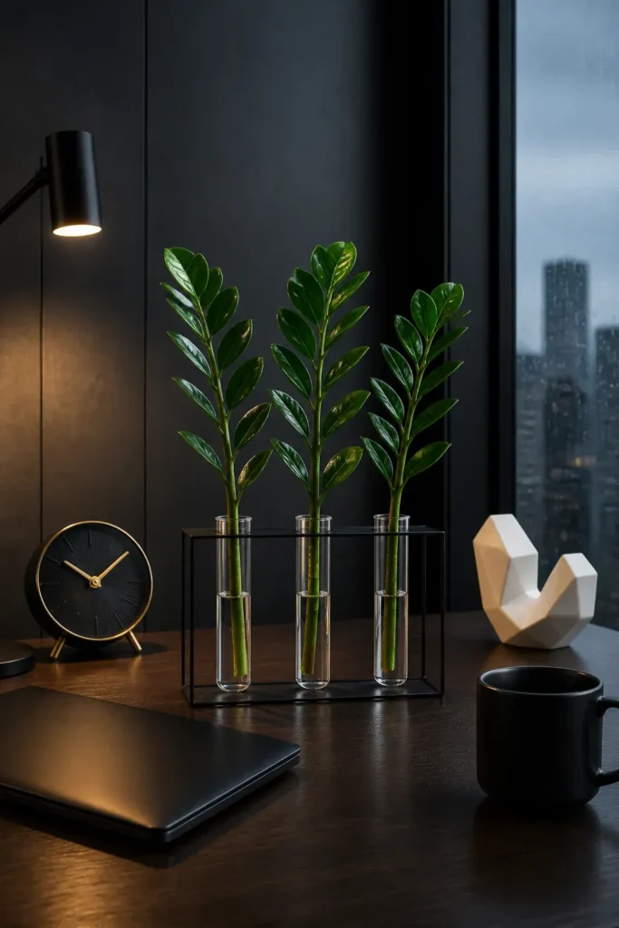 Glossy ZZ plant stems in a modern black metal and glass test tube propagation station on a desk.