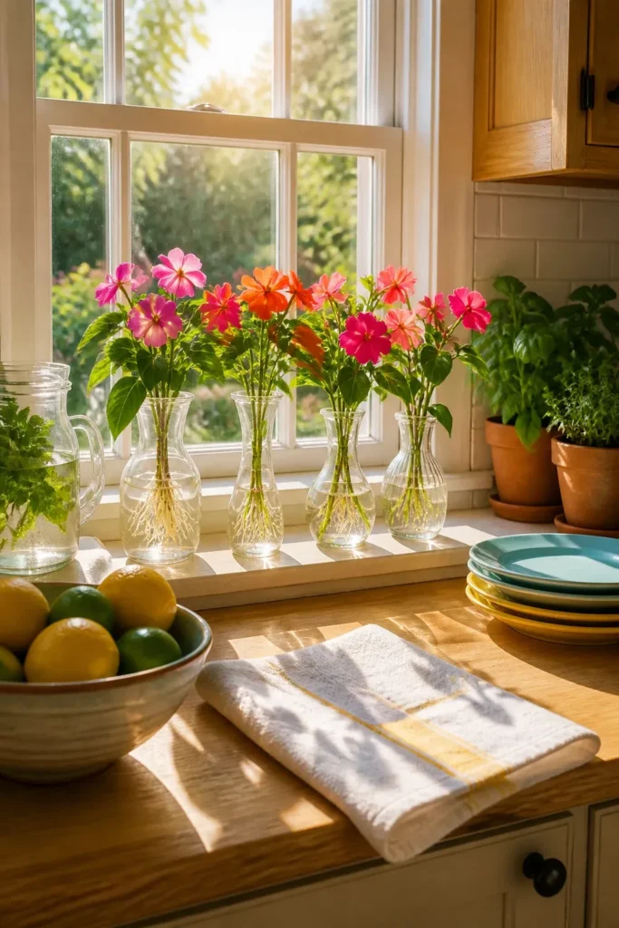 Pink and orange Impatiens flowers blooming on stems rooting in clear glass vases on a sunny windowsill.