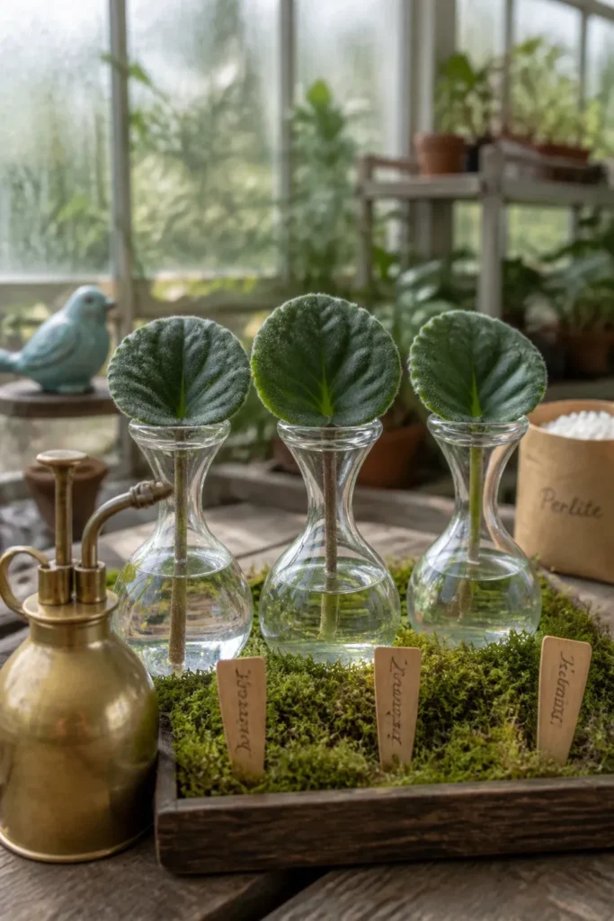 Fuzzy African Violet leaves held in specialized narrow-neck glass jars to grow roots in water.