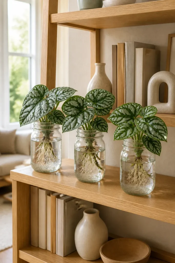 Aluminum plant cuttings with silver leaves rooting in clear mason jars on a wooden shelf.