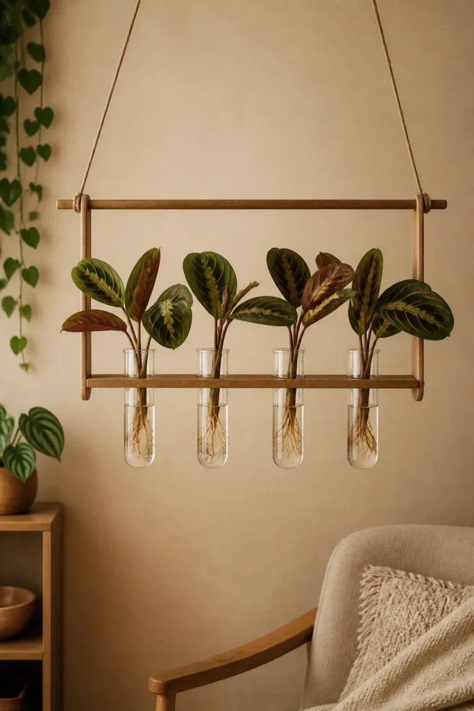Prayer plant cuttings with red-veined leaves in a hanging wooden and glass propagation station.