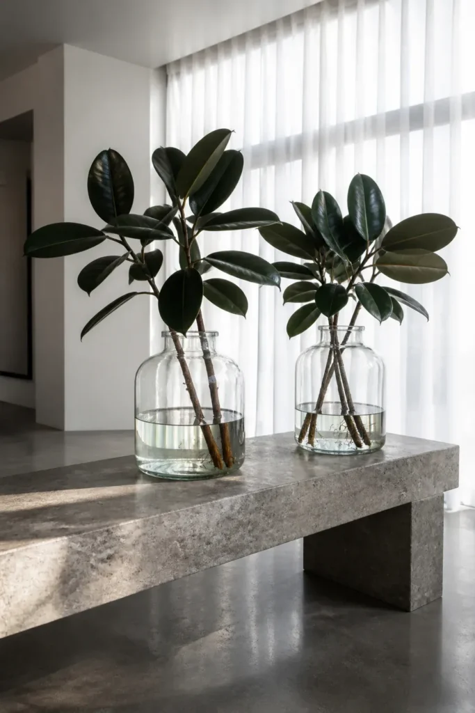 Glossy rubber tree cuttings in large clear glass jugs on a modern stone table.