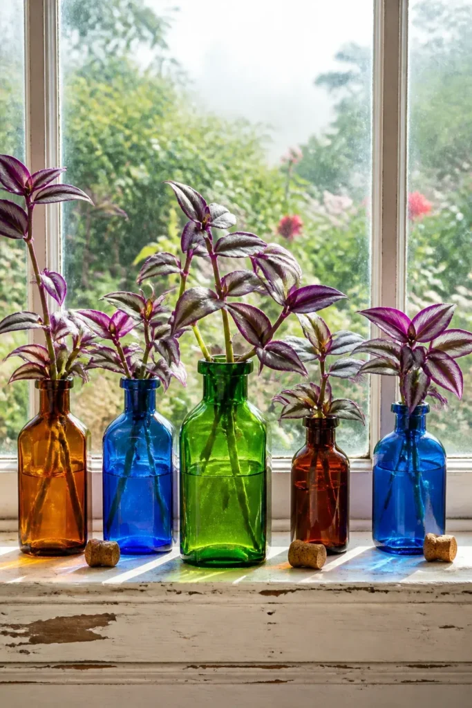 Purple and silver inch plant stems in a row of colorful vintage apothecary bottles on a windowsill.