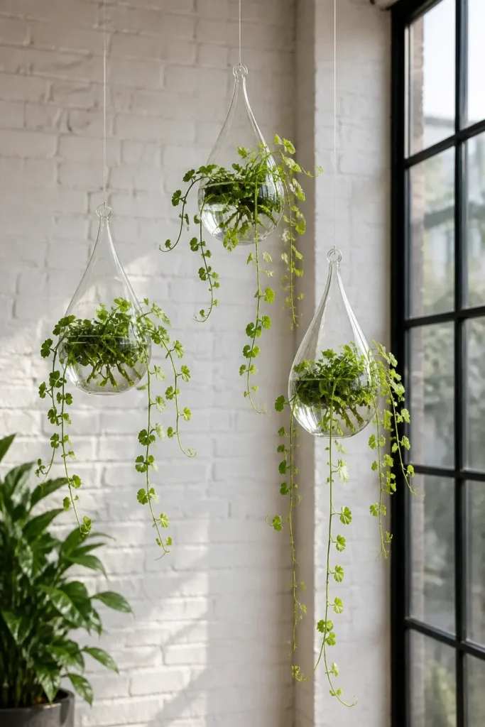 Creeping Charlie plants with scalloped leaves trailing from suspended glass teardrop vases.