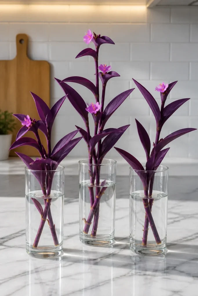 Vibrant purple heart plant cuttings with pink flowers in clear drinking glasses on a marble counter.