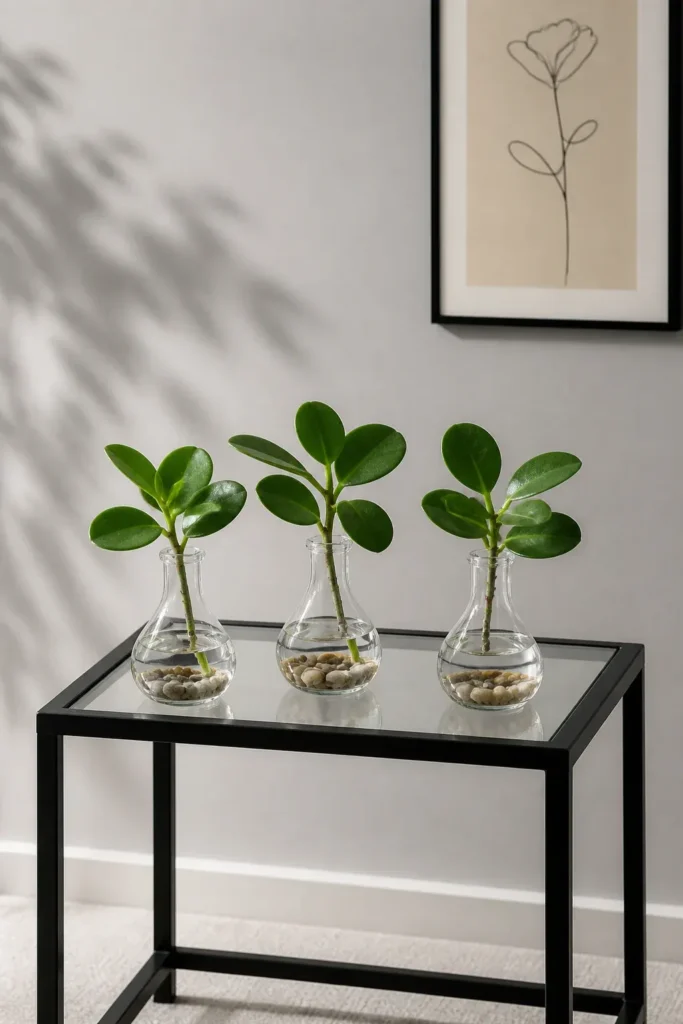 Thick waxy Hoya plant cuttings in delicate glass bud vases on a minimalist black table.