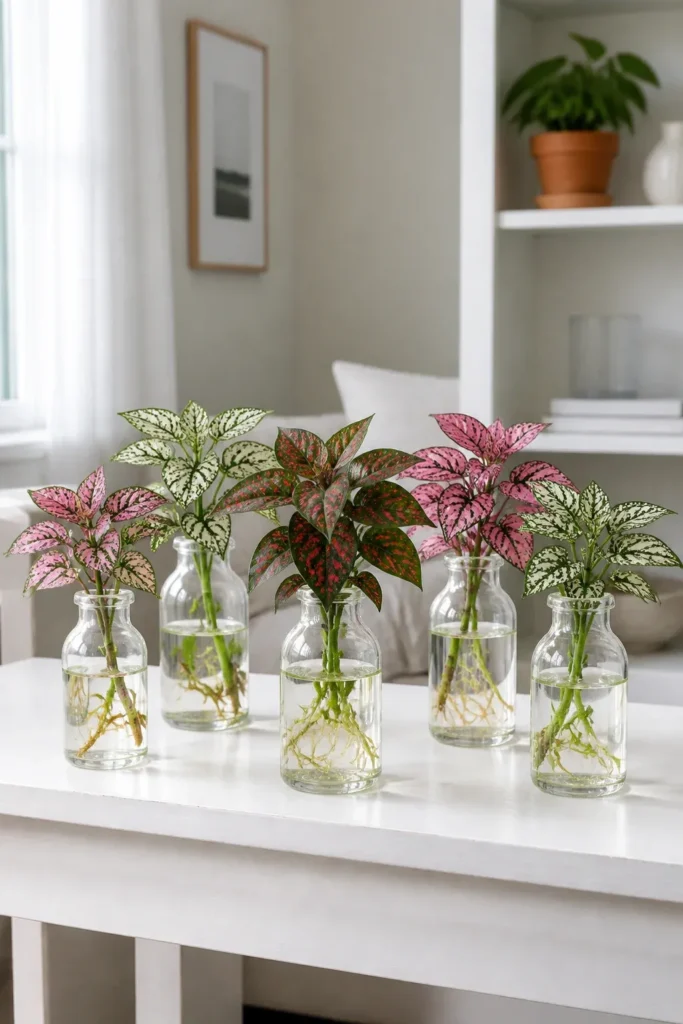 Pink and white spotted Polka Dot plants growing in clear glass vials on a white shelf.
