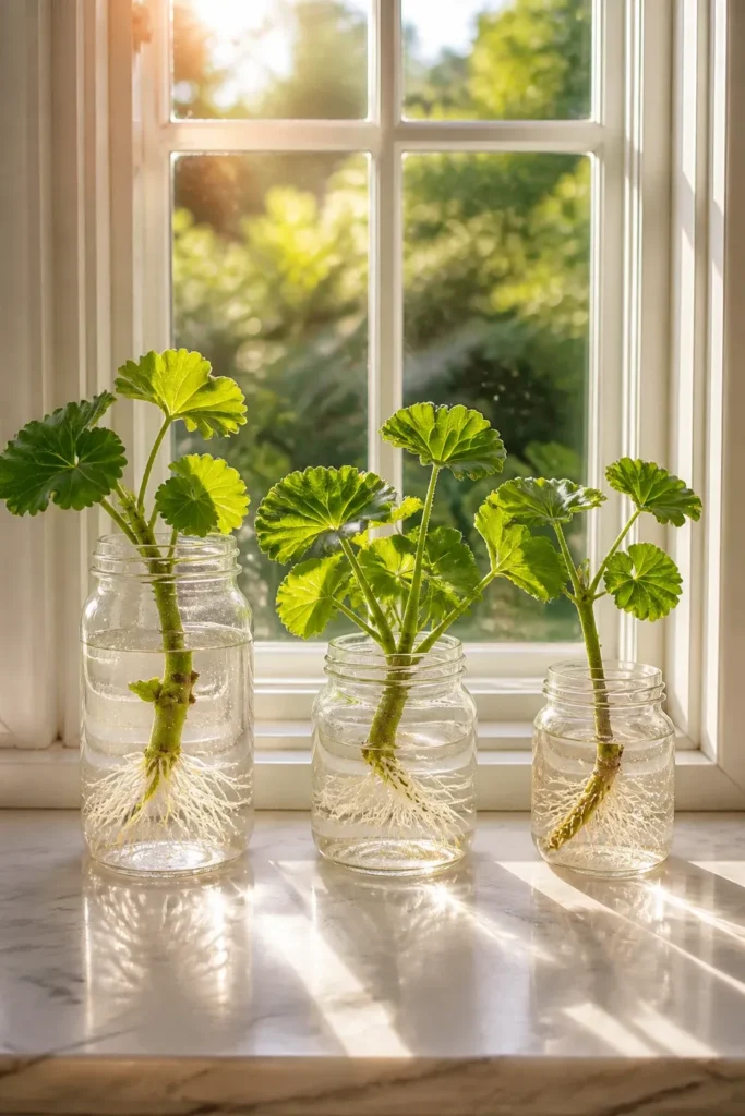 Geranium stems with white roots growing in glass jars on a sunny white windowsill.
