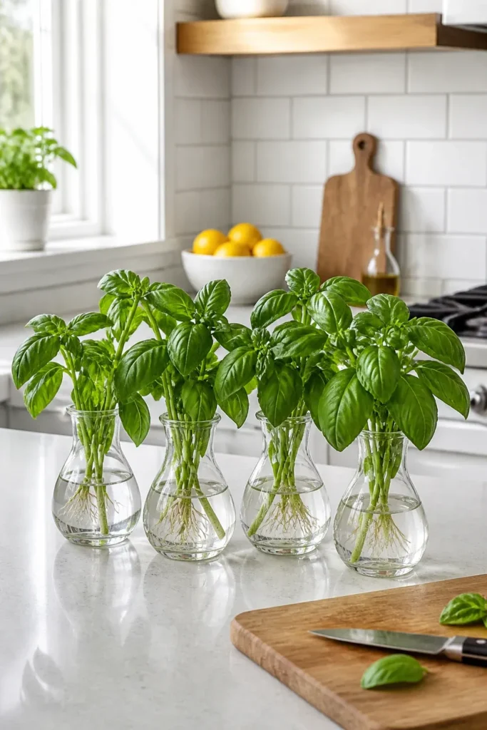 Fresh green basil cuttings growing roots in small glass vases on a white kitchen counter.