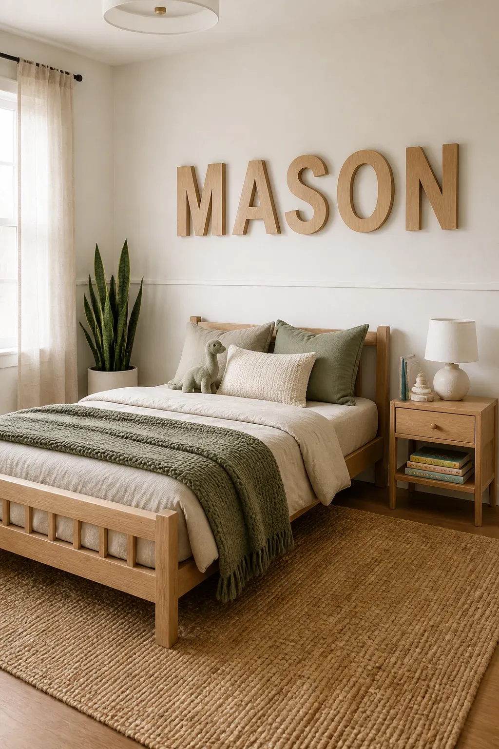 A toddler room featuring large wooden alphabet letters mounted on the wall above a cozy bed.