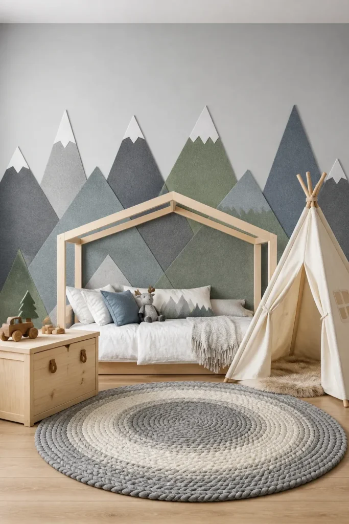 Fabric mountain decals on a grey wall in a toddler's room with a house-shaped floor bed.