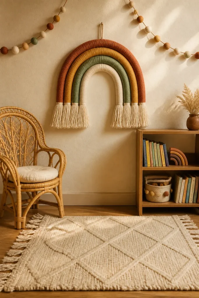 A colorful macrame rainbow wall hanging in a bohemian-style toddler room with rattan furniture.