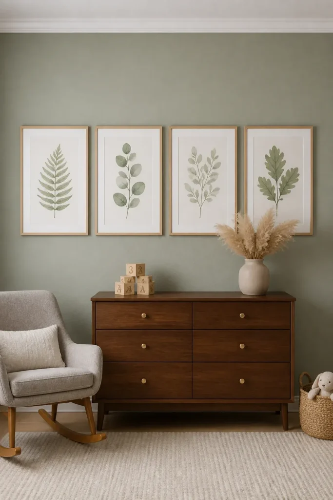 Four framed botanical leaf prints hanging in a row above a wooden dresser in a toddler's room.