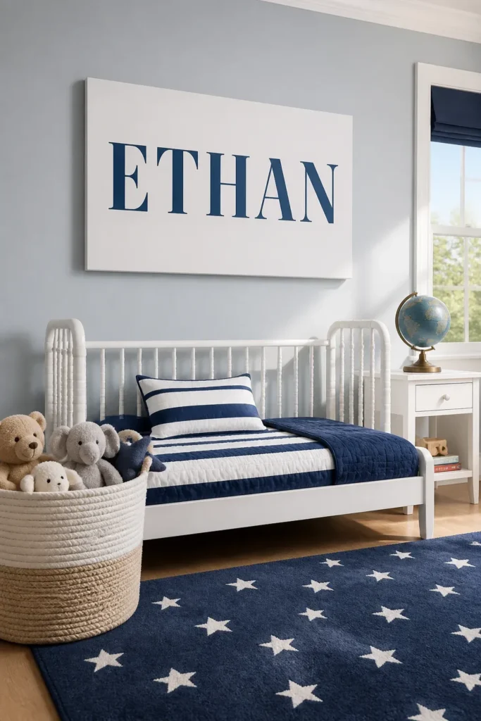 A personalized canvas name sign hanging above a white spindle bed in a bright toddler room.