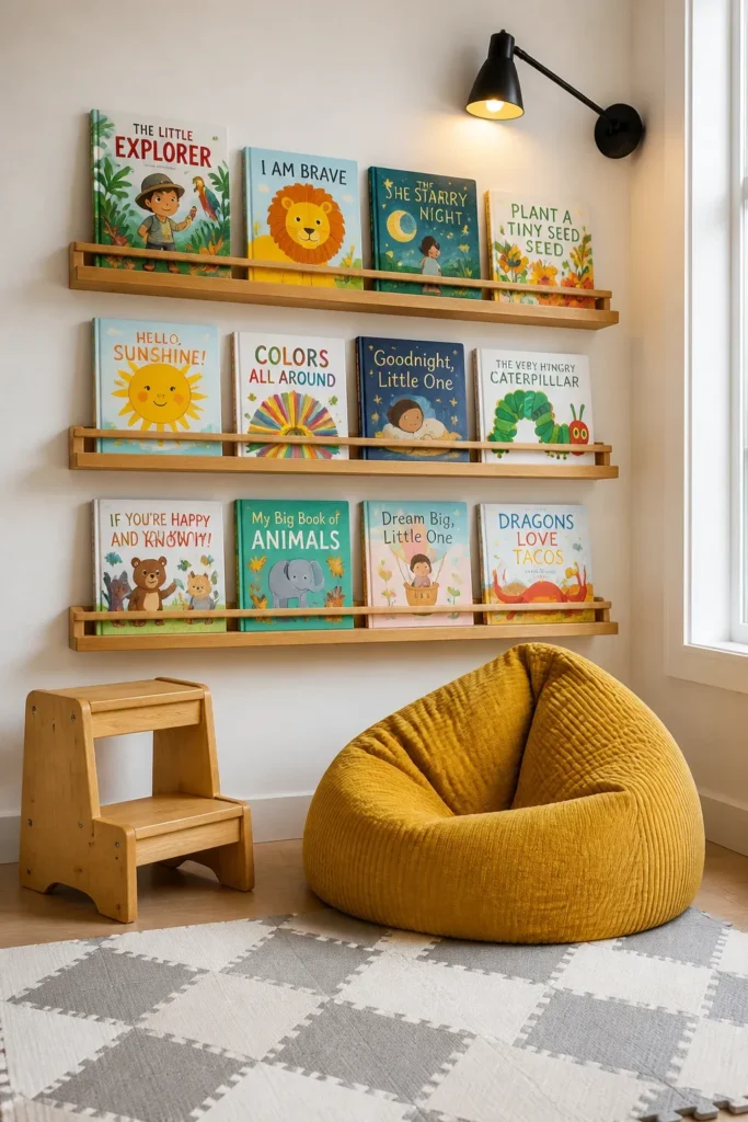 Floating wooden bookshelves mounted low on a wall, filled with colorful children's books.