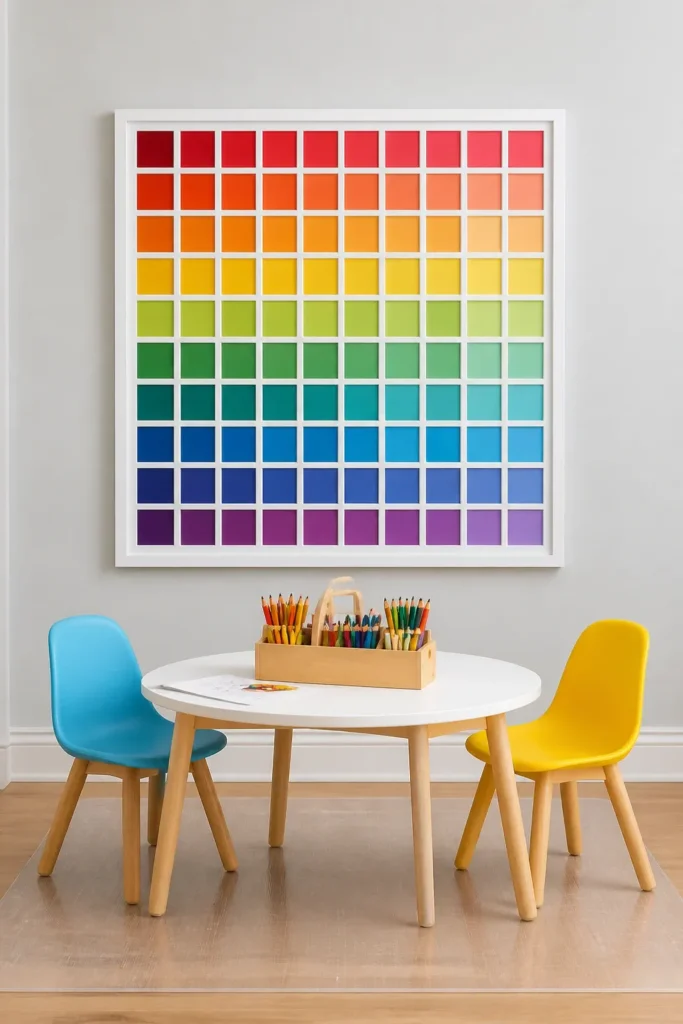 A large white frame containing a rainbow grid of paint chips hanging in a colorful toddler room.