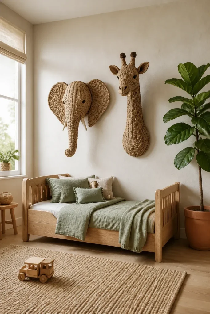 Woven rattan elephant and giraffe heads mounted on a neutral wall in a stylish toddler room.