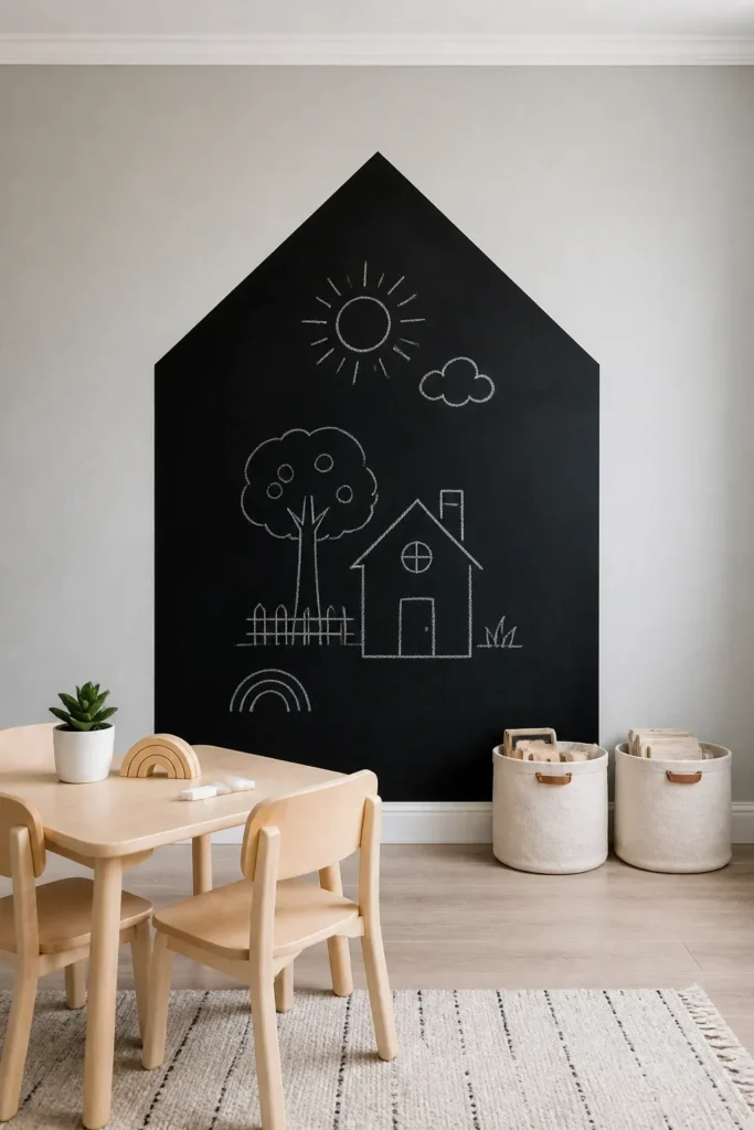 A matte black house-shaped chalkboard panel on a light grey wall in a modern toddler room.