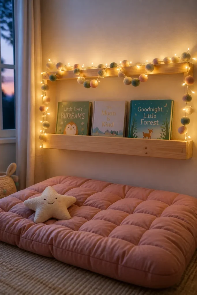 Warm string lights and pastel felt ball garlands draped over a wooden book shelf.