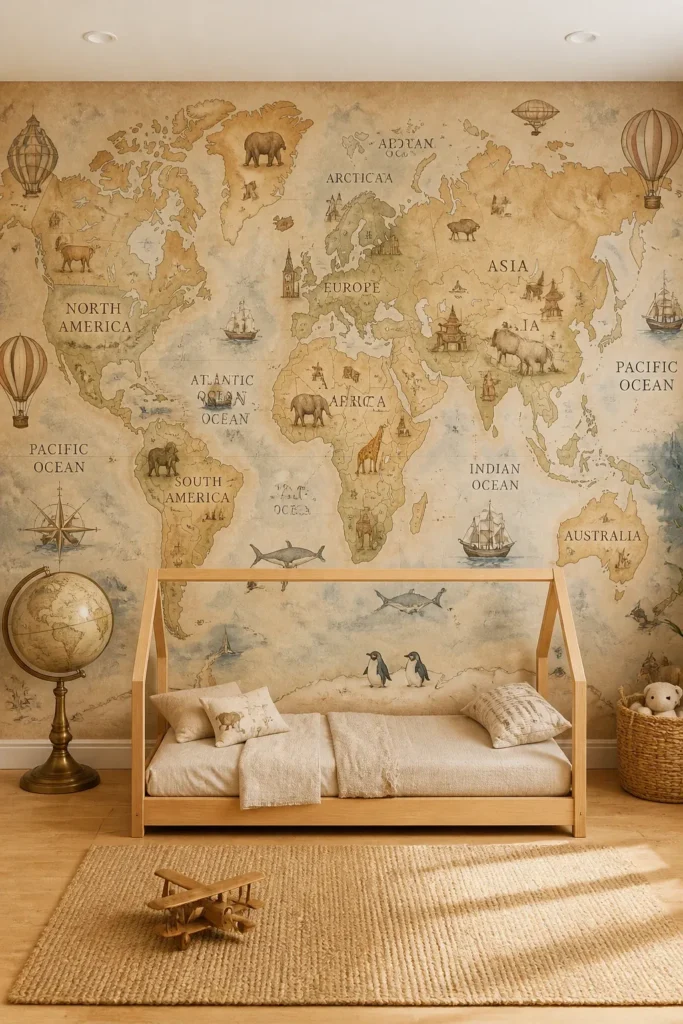 A full-wall vintage map mural with animal illustrations behind a wooden toddler bed.