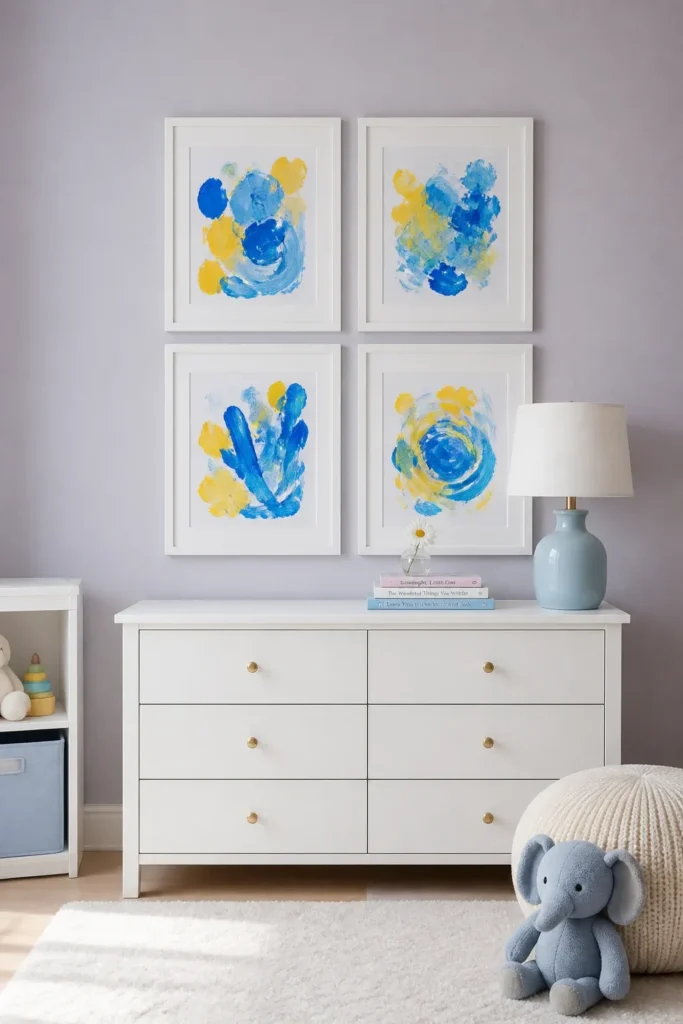 A grid of framed toddler finger paintings in white frames on a lavender-grey wall.