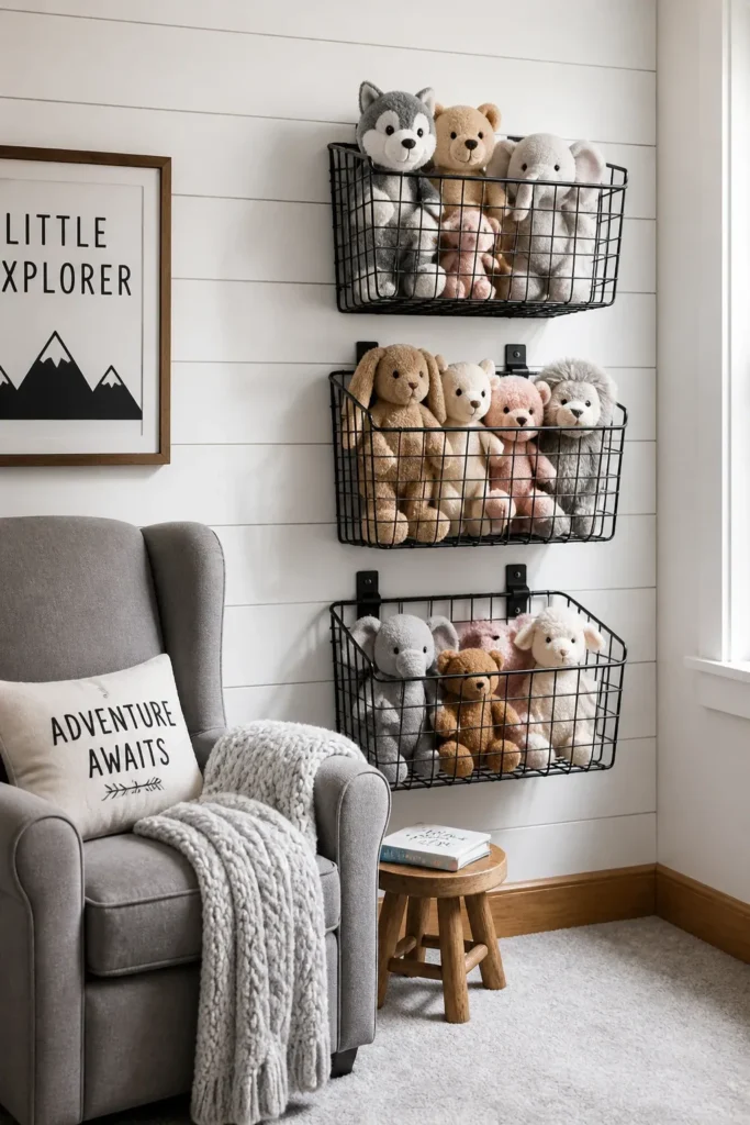 Black wire baskets mounted vertically on a shiplap wall holding various plush toys.