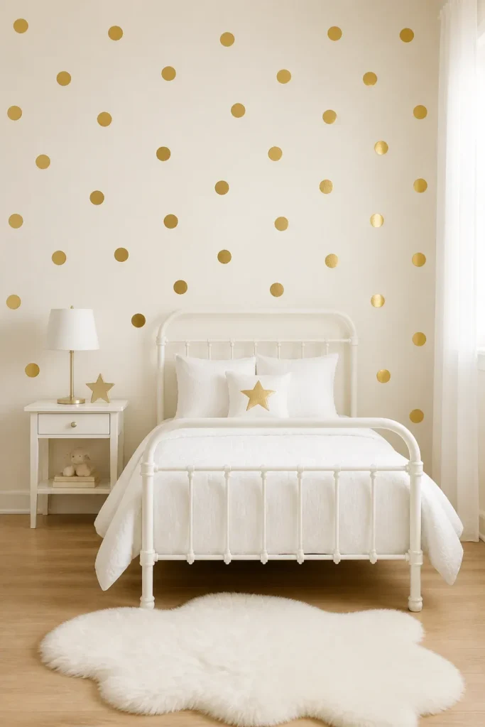 Metallic gold polka dot stickers scattered on a cream wall above a white metal toddler bed.