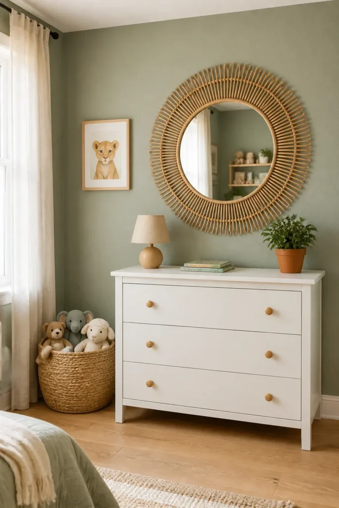 A round rattan sunburst mirror hanging above a white dresser in a sage green toddler room.
