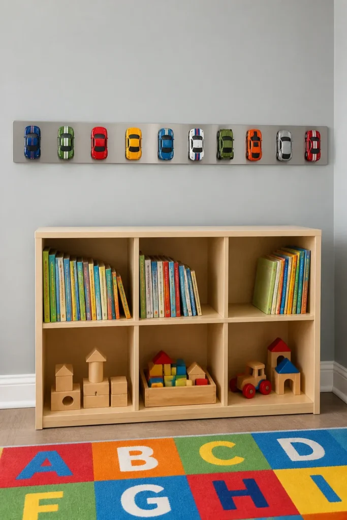 A magnetic strip on a grey wall holding a line of colorful toy cars in a toddler room.