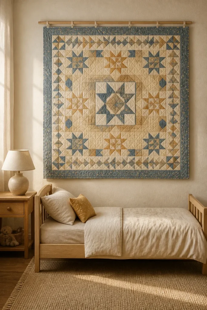 A colorful handmade patchwork quilt hanging as a tapestry on a neutral toddler room wall.