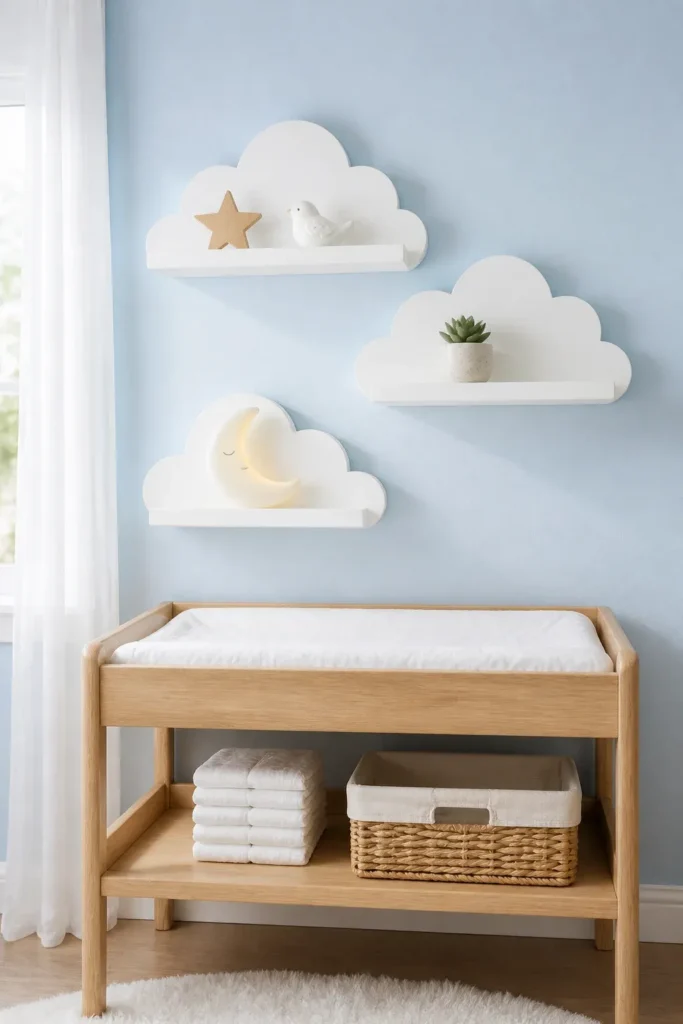 Three white cloud-shaped shelves staggered on a blue wall in a whimsical toddler room.