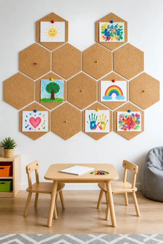 Hexagonal cork tiles arranged in a honeycomb pattern on a wall displaying toddler artwork.