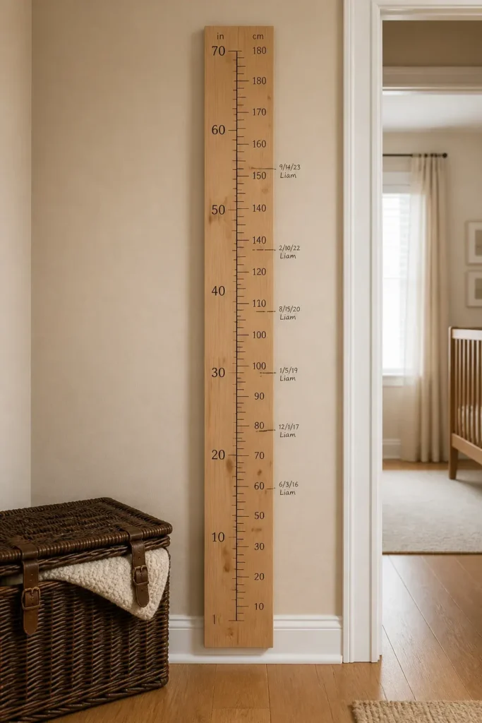 A vertical wooden plank height chart mounted on a beige wall in a simple toddler room.