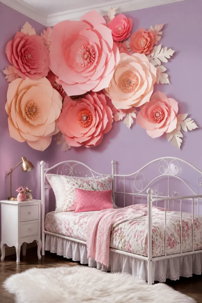 Large 3D pink and coral paper flowers clustered on a lavender wall above a white bed.