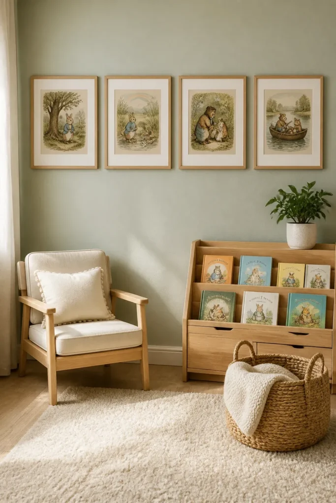 A series of framed vintage storybook illustrations on a sage green wall in a toddler's room.